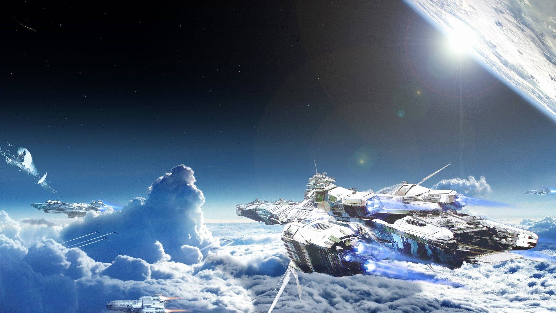 Spaceships In Flight Star Citizen 壁紙 — 未來戰艦在蓬鬆的雲層上方翱翔，背景有發光的行星和太陽。