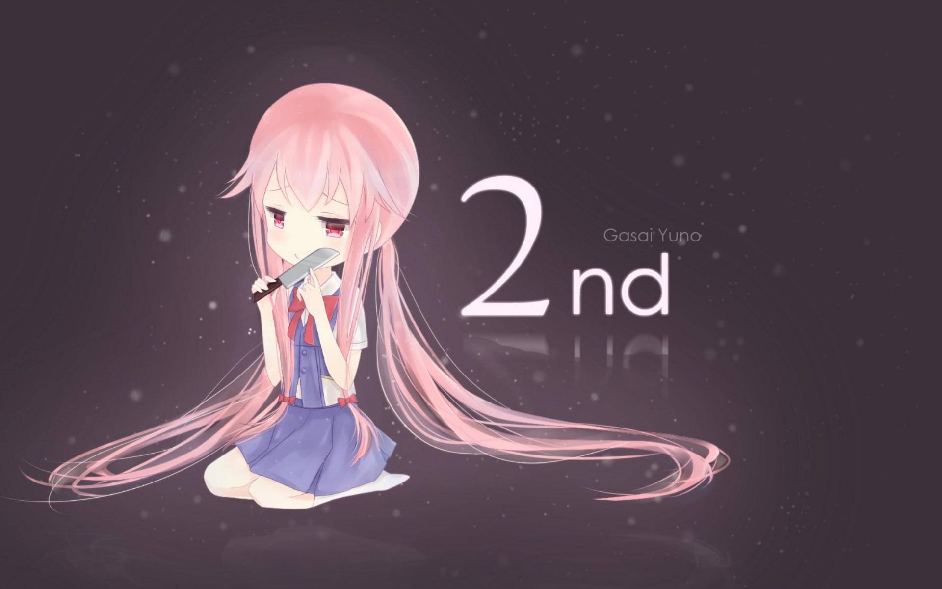 粉紅色頭髮的動畫女孩在黑暗的星空場景中拿著刀，並帶有 '2nd' 文字。
