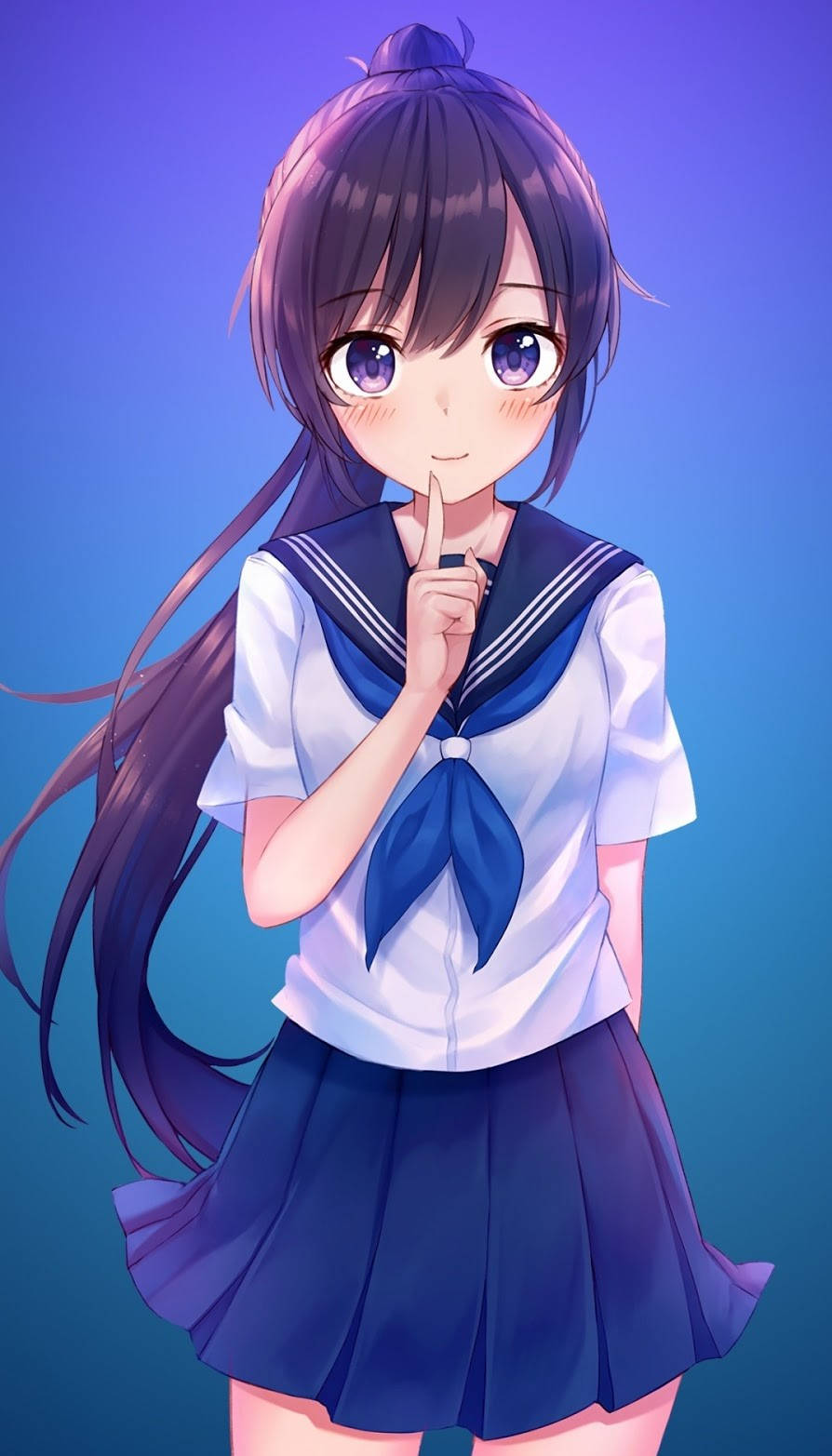 穿著水手服的動漫女孩眨眼並將手指放在嘴唇上