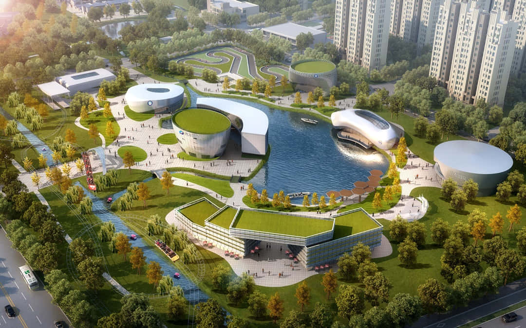 3d Landscape 桌布 壁紙 — 未來環保建築的鳥瞰圖，包括彎曲的建築物、綠色屋頂，以及被秋樹和城市高樓大廈環繞的中央湖泊。