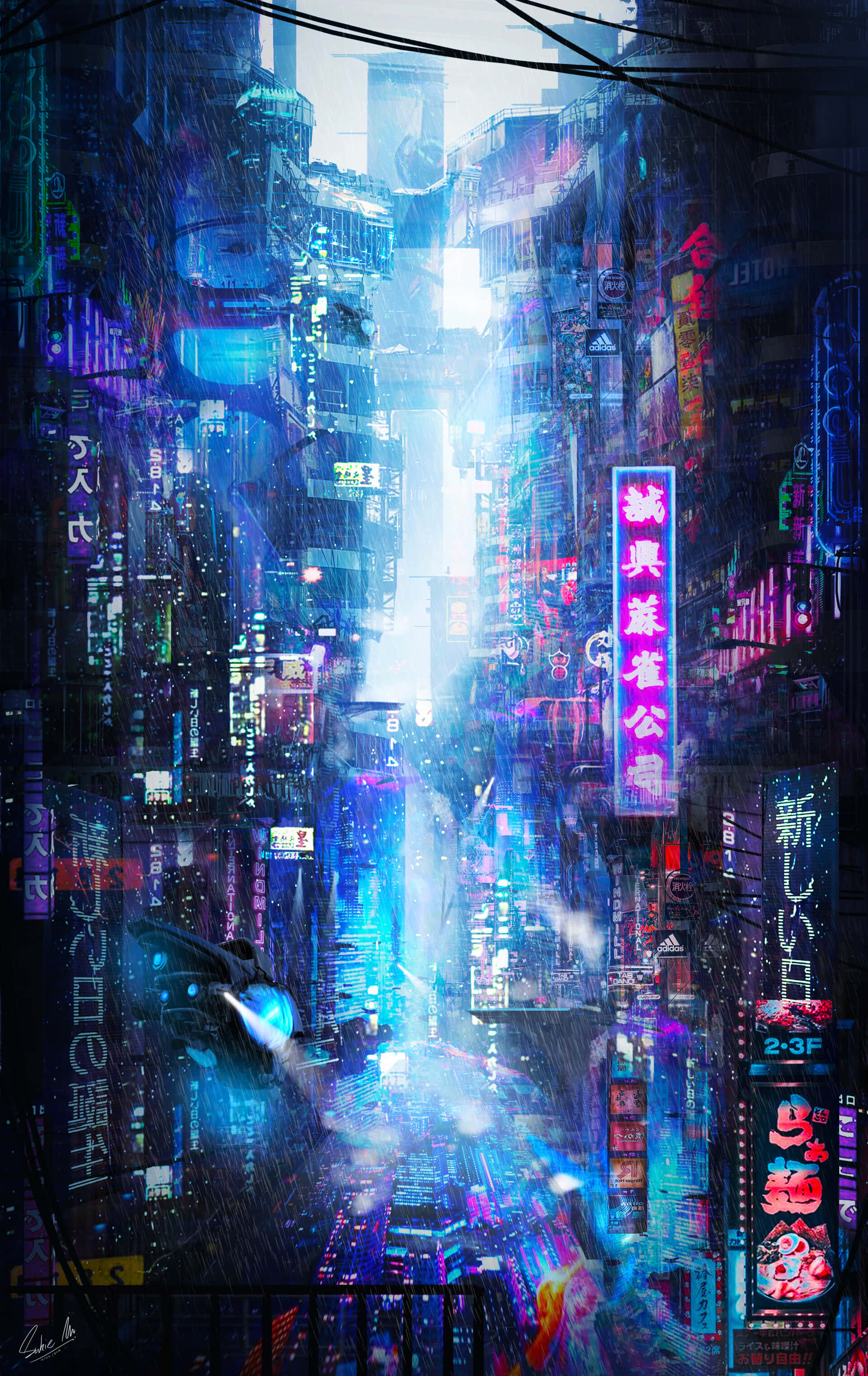 「未來的一瞥」 壁紙 — 一條被雨水浸濕的賽博朋克小巷，在朦朧的暮色天空下，霓虹燈牌和高聳的摩天大樓閃閃發光。