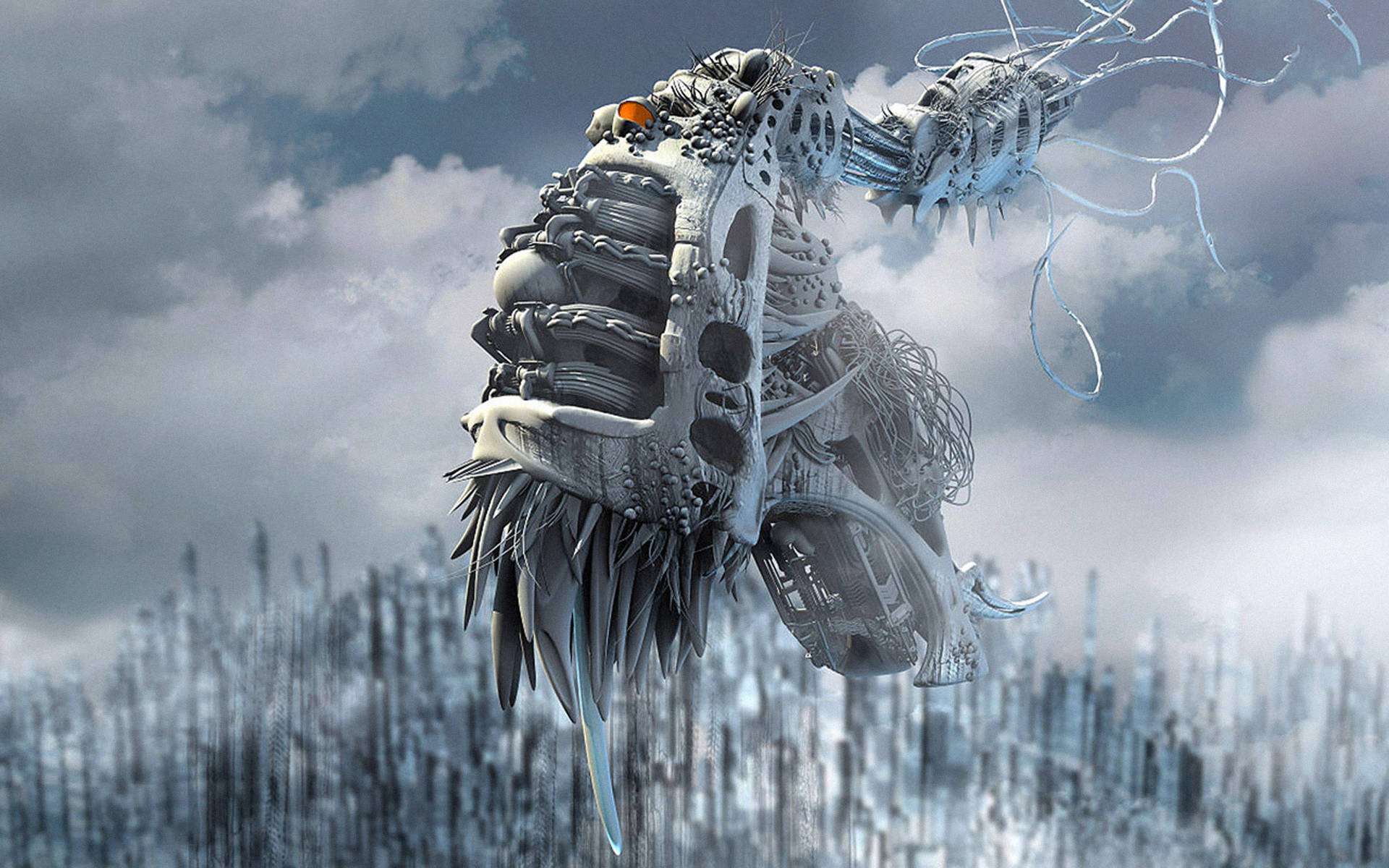 擁有發光眼睛的生物機械生物在未來城市上空盤旋。