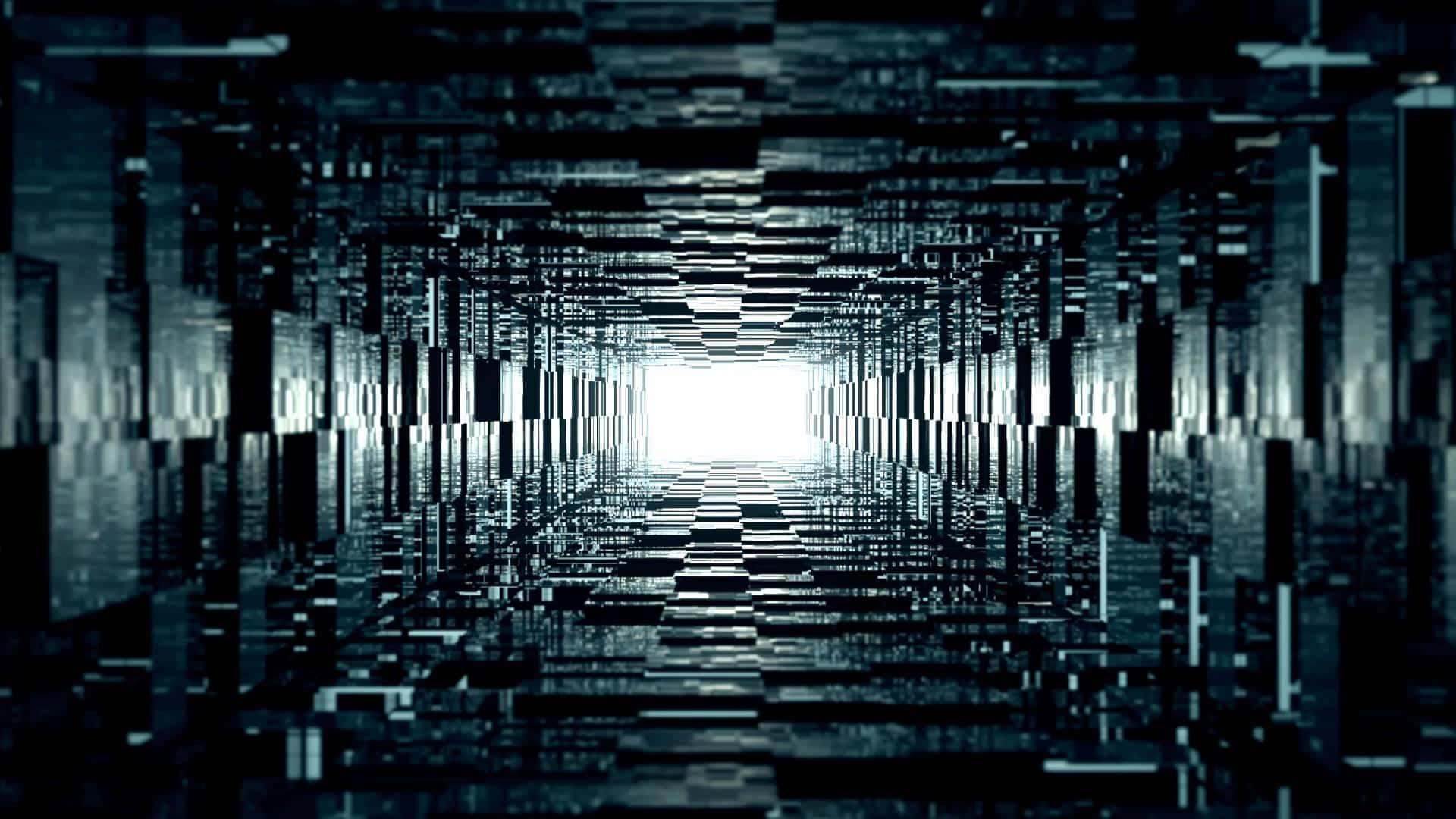 一條由故障像素組成的數碼隧道，通往明亮的白光。