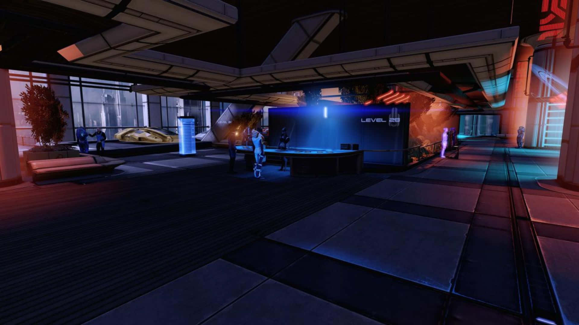 Mass Effect Citadel 桌布 壁紙 — 未來科幻休息室，配備發光霓虹燈和時尚家具，位於高科技天花板下。