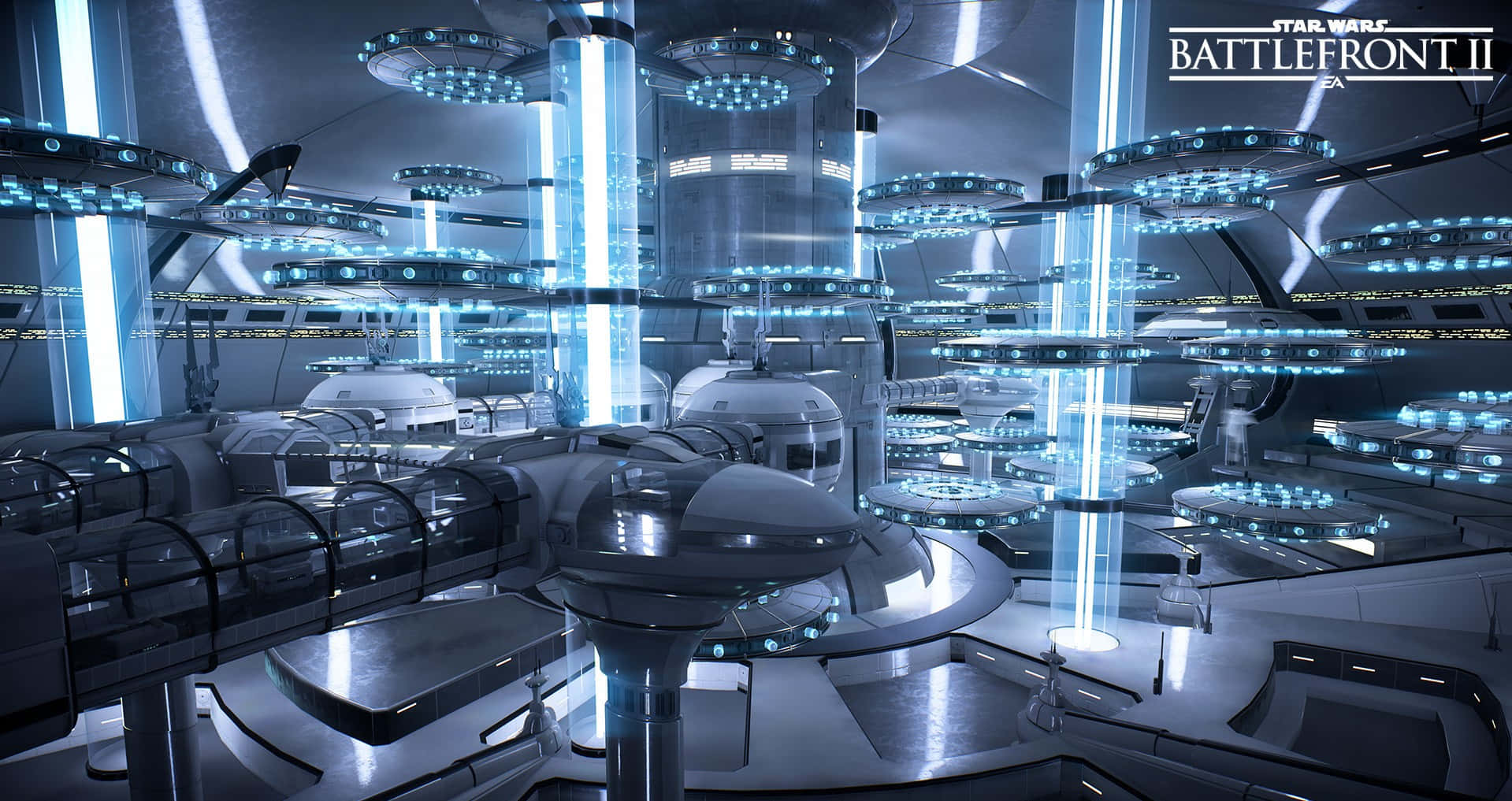Kamino 桌布 壁紙 — 未來科幻太空船內部，帶有發光藍色燈光和圓形平台。