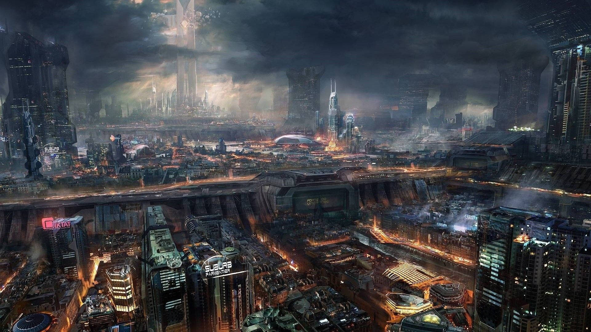 未來科幻工業城市 壁紙 — 在暴風雨的天空下，廣闊的未來城市景觀，霓虹燈照亮了高聳的摩天大樓和高架高速公路。