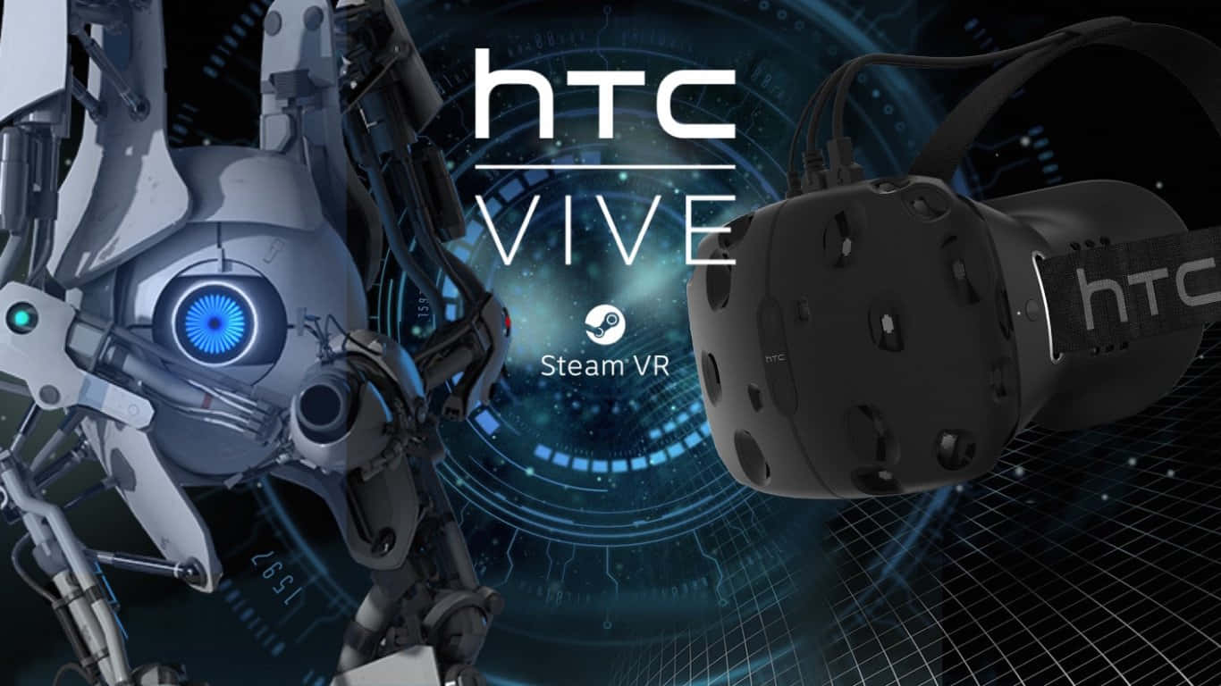 HTC VIVE VR 頭戴式裝置和帶有發光藍色眼睛的機械手臂，背景為數碼。