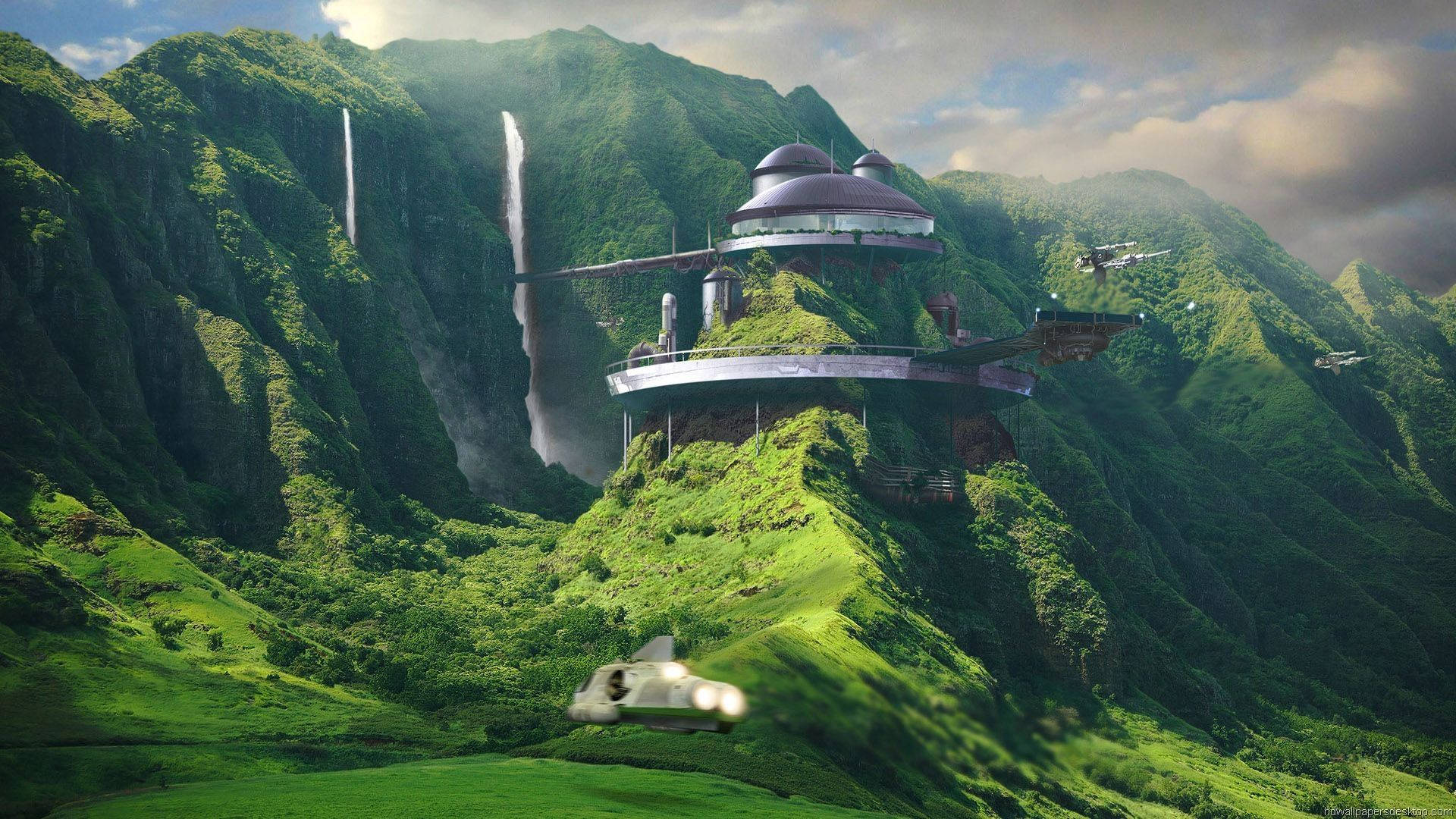 未來風格的太空站位於有瀑布和飛行車輛的山上。