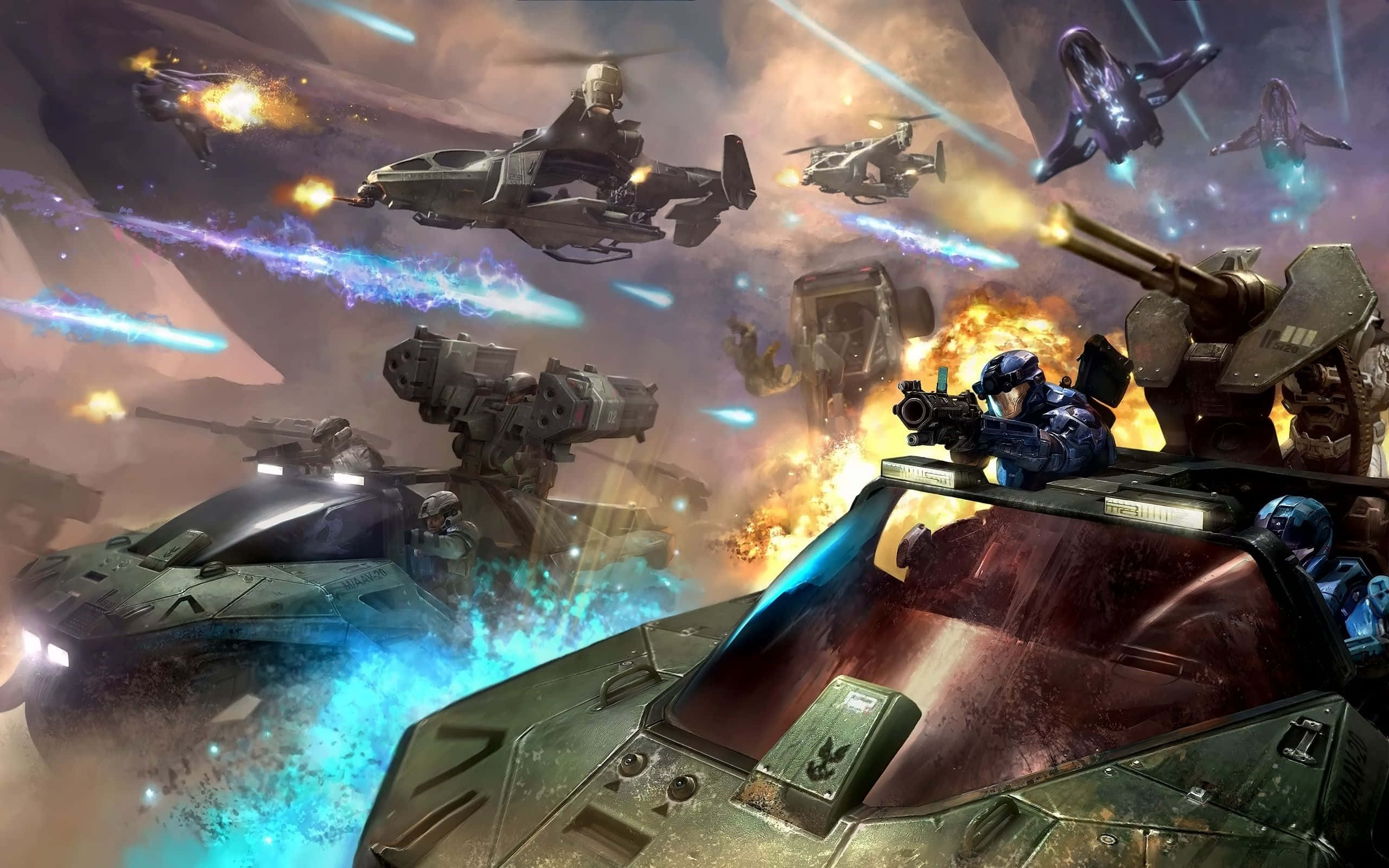 Halo Battle 桌布 壁紙 — 未來裝甲車和飛行戰鬥機在星際宇宙戰場上爆炸，展開混亂的戰鬥。