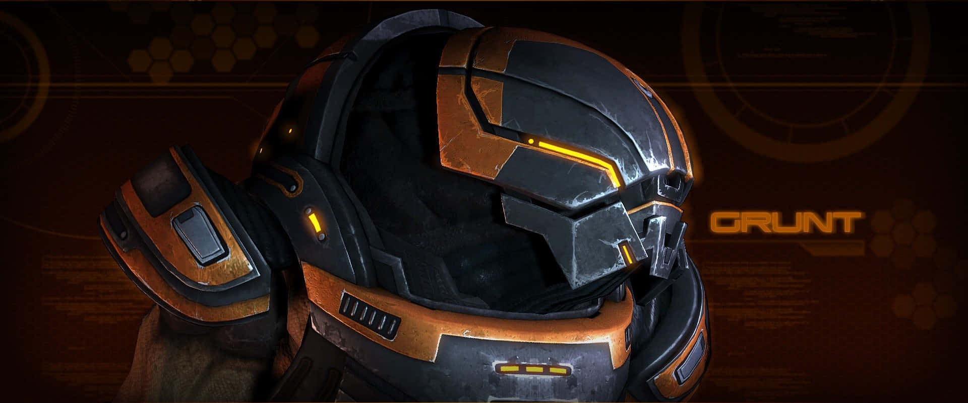 Mass Effect Grunt 桌布 壁紙 — 未來裝甲頭盔的特寫，帶有發光的橙色點綴，背景為深色科技主題。
