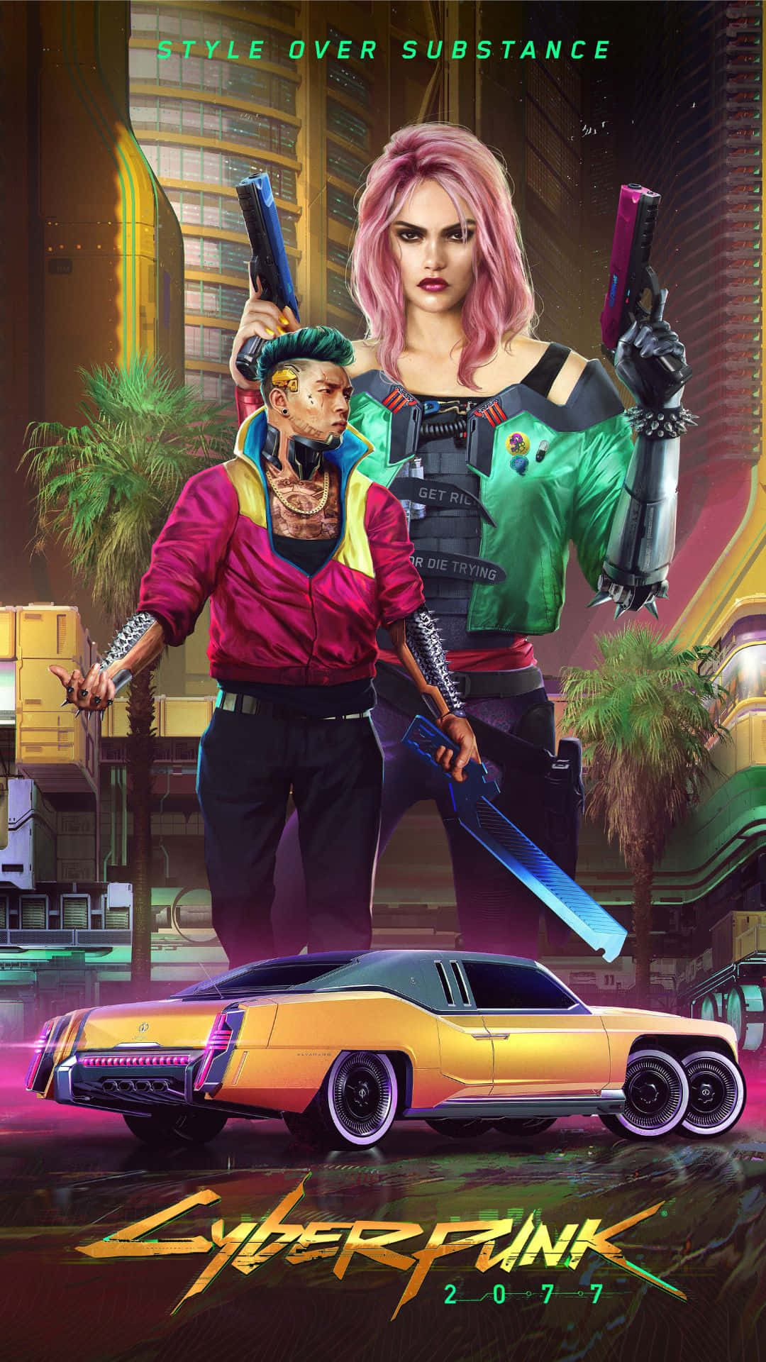 未來視界 - 《賽博朋克2077》Android背景 壁紙 — 兩個賽博朋克角色，擁有霓虹髮色和武器，站在一輛發光的黃色汽車上方，背景是雨濕的未來城市景觀。
