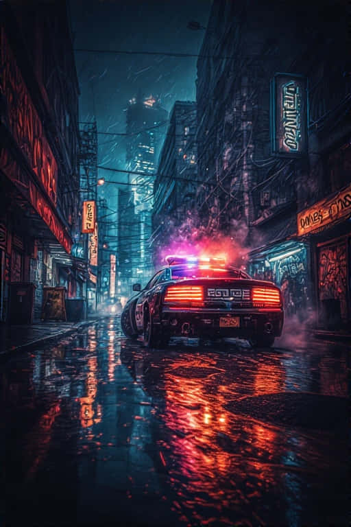 未來警察車在霓虹城市巡邏 4K 壁紙 — 一輛警車閃爍著紅藍燈光，在夜晚駛過一條被雨水浸濕、霓虹燈照亮的後巷。