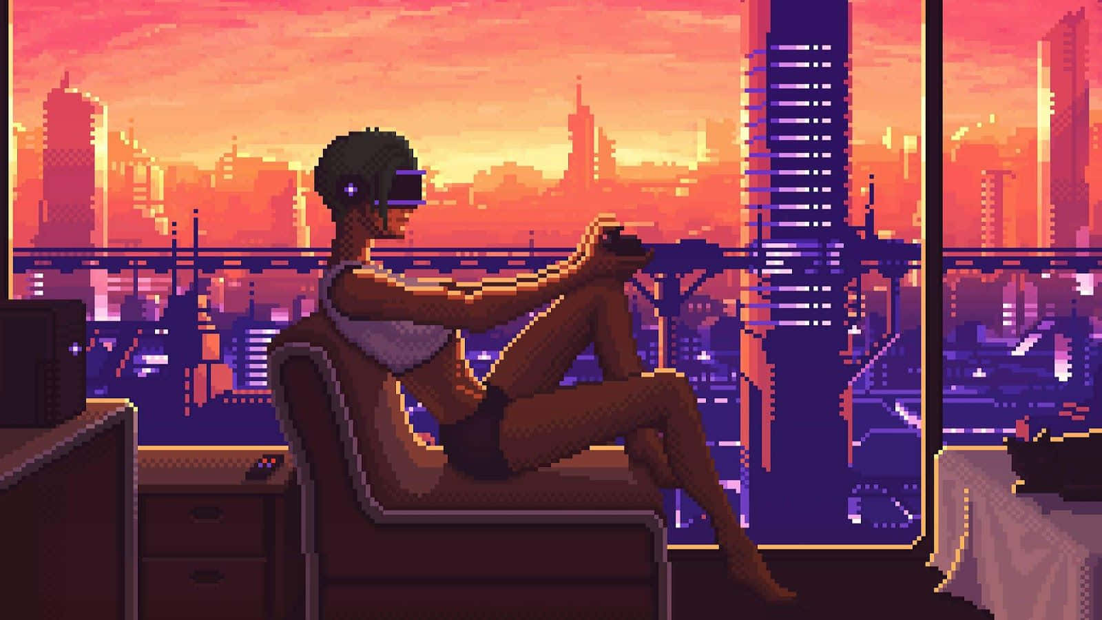 戴著VR頭戴式裝置的人坐在椅子上放鬆，欣賞夕陽下的城市景觀