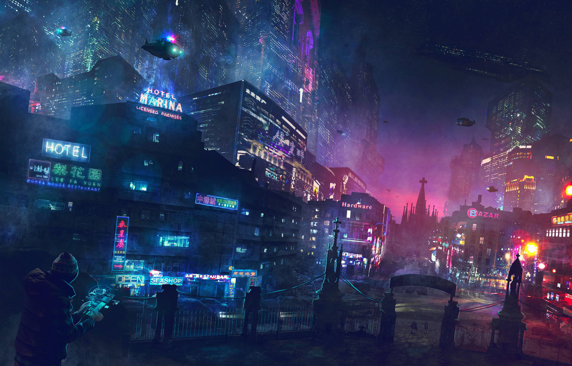 未來都市夜景 壁紙 — 一個充滿霓虹燈的賽博龐克城市夜景，有飛行車輛和發光招牌映照在濕漉漉的街道上。