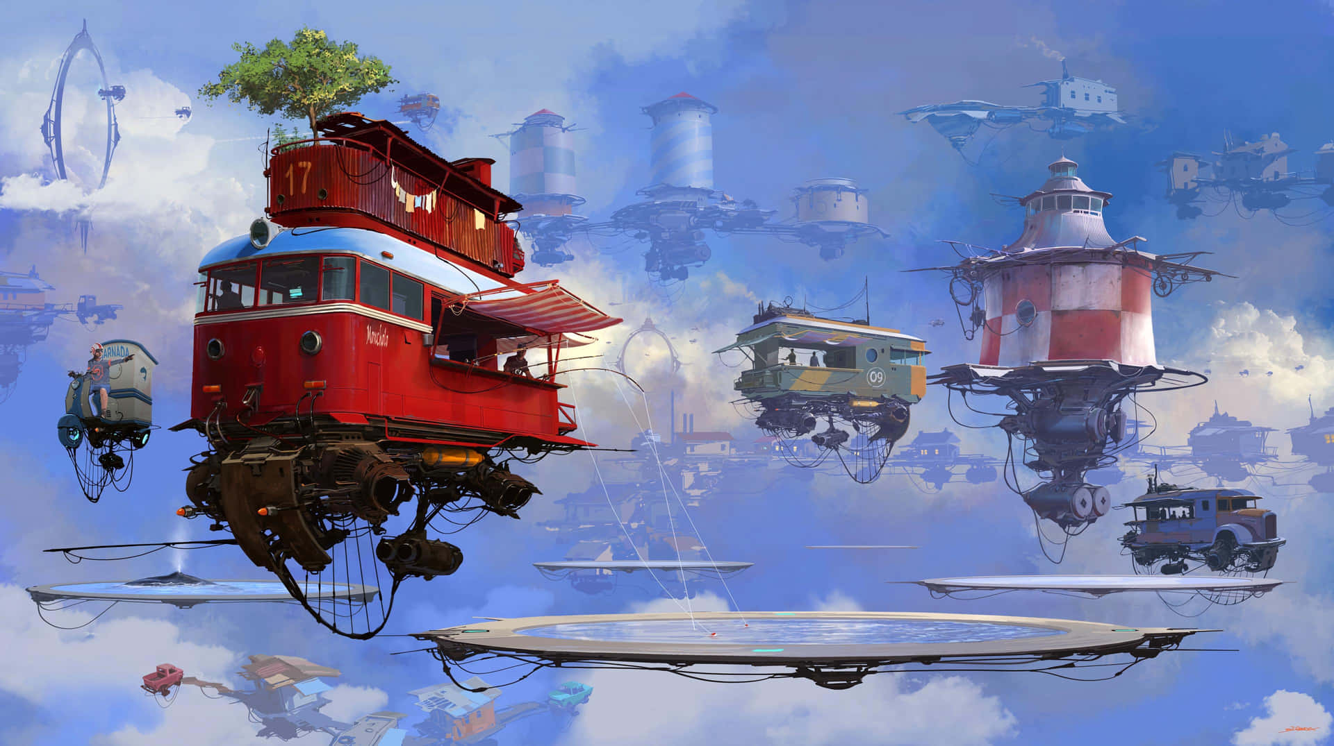 漂浮的復古汽車和建築物在夢幻的天空中，有雲朵。