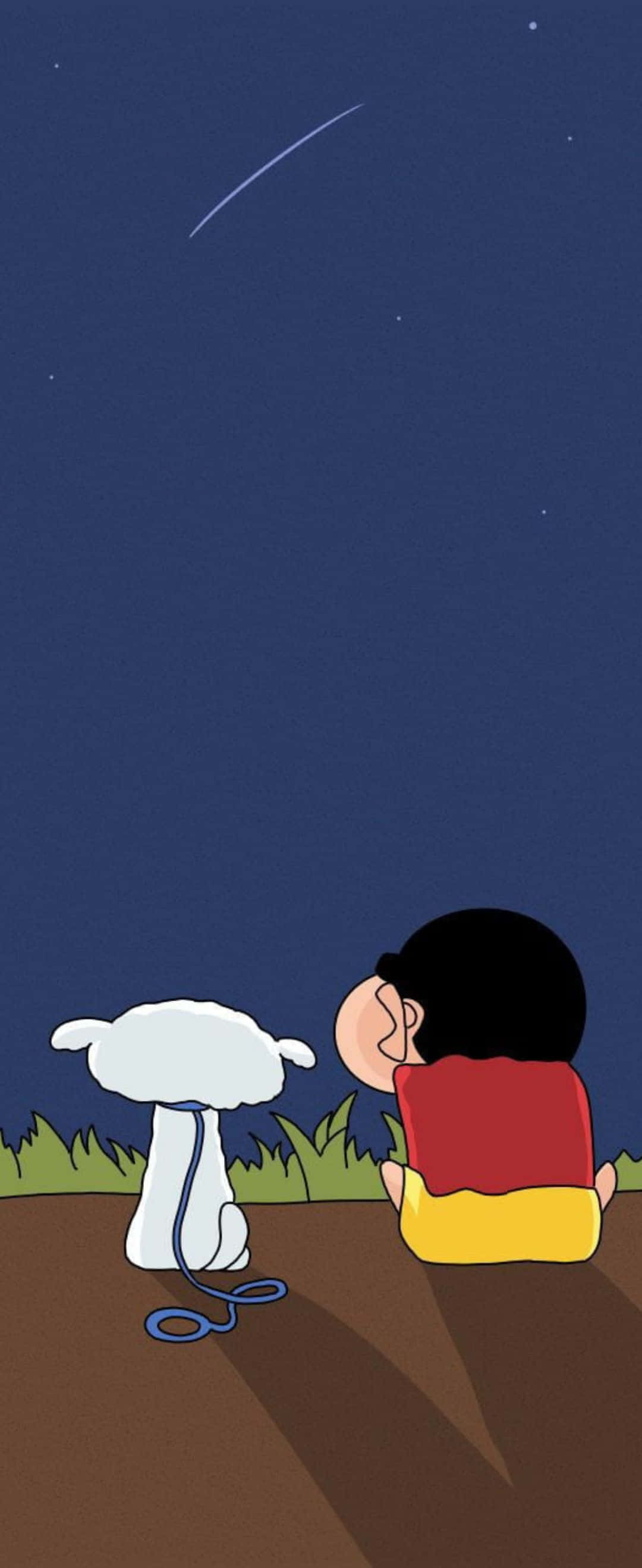 未來都市天際線 壁紙 — 一個孩子和一隻白狗並排坐在草地上，仰望繁星點點的夜空，一顆流星劃過頭頂。
