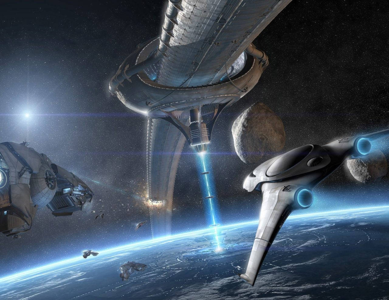 未來太空船和太空站環繞一顆藍色行星，在佈滿星星的天空中運行。