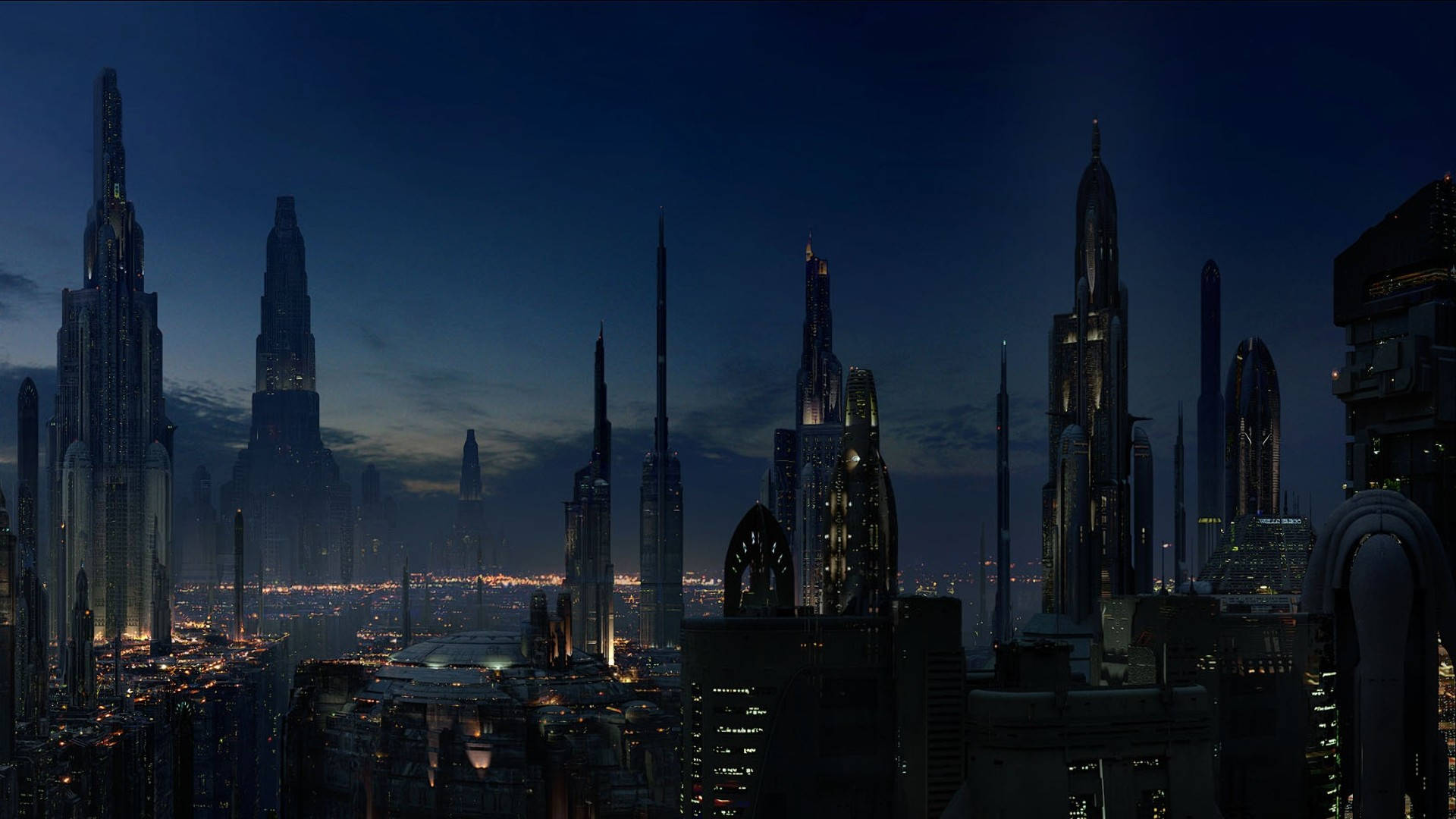 黃昏時分的未來城市天際線，摩天大樓燈火通明。