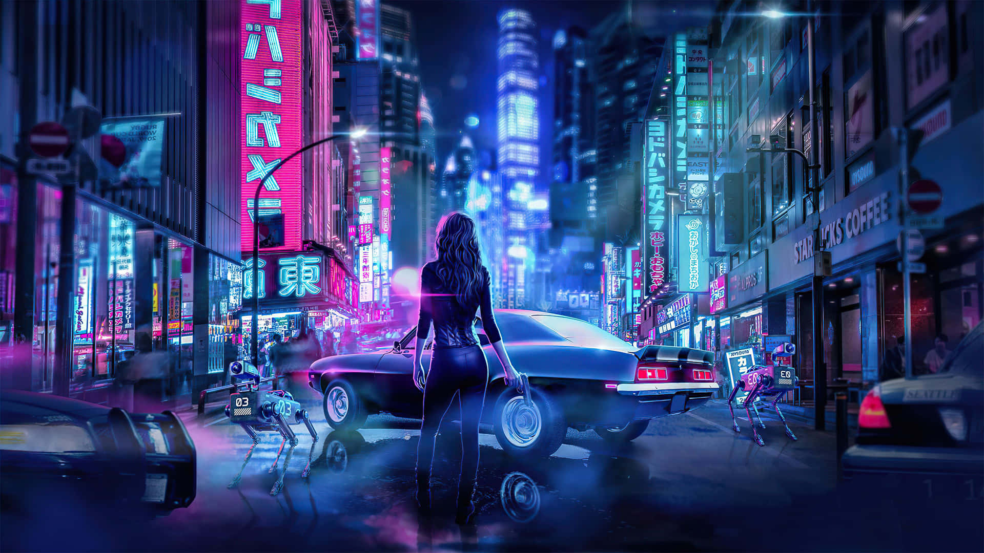 長髮女人站在一輛復古汽車旁邊，身處雨夜霓虹燈閃爍的街道。