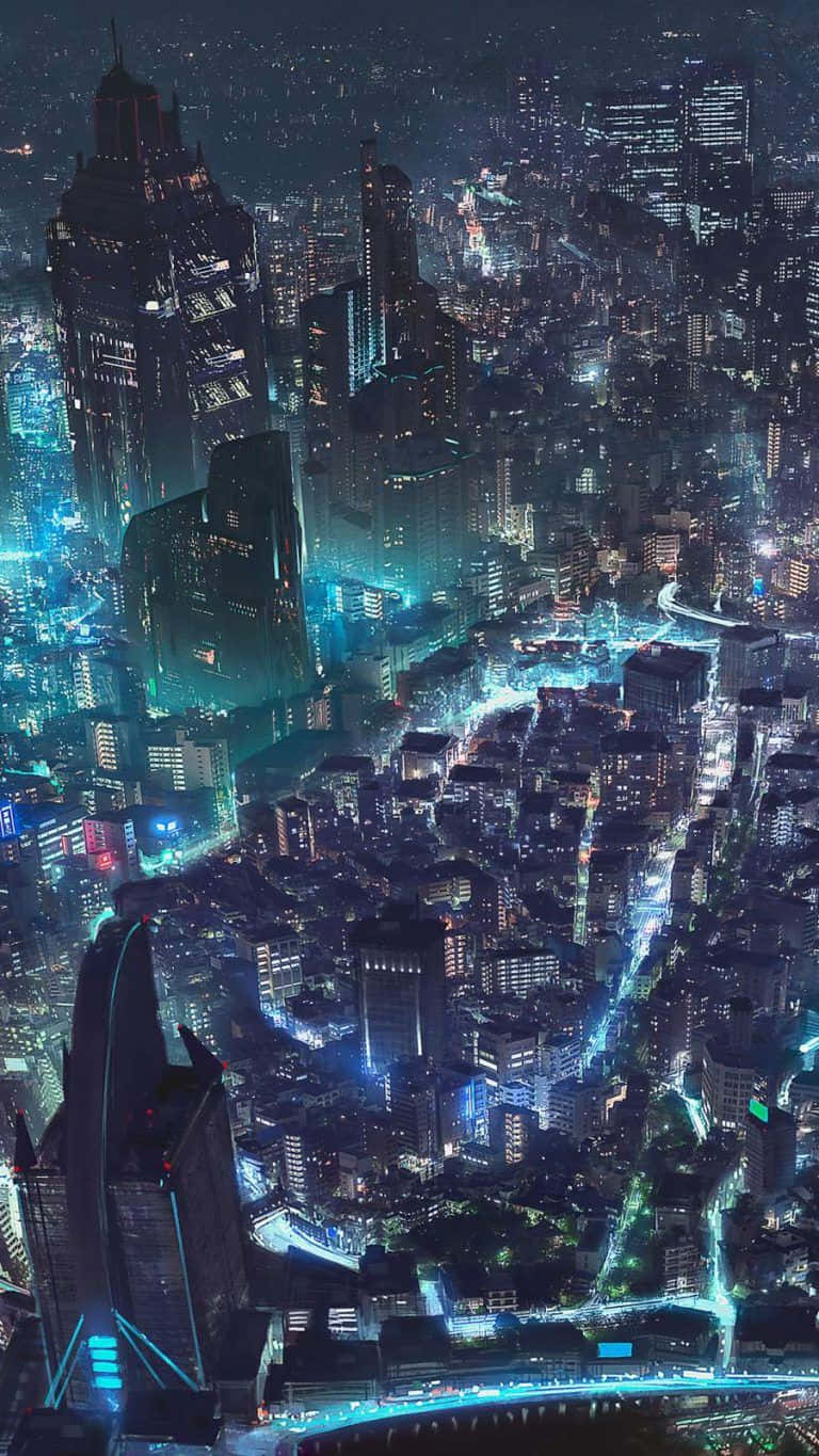 未來城市夜景，閃爍的霓虹燈和高聳的摩天大樓。