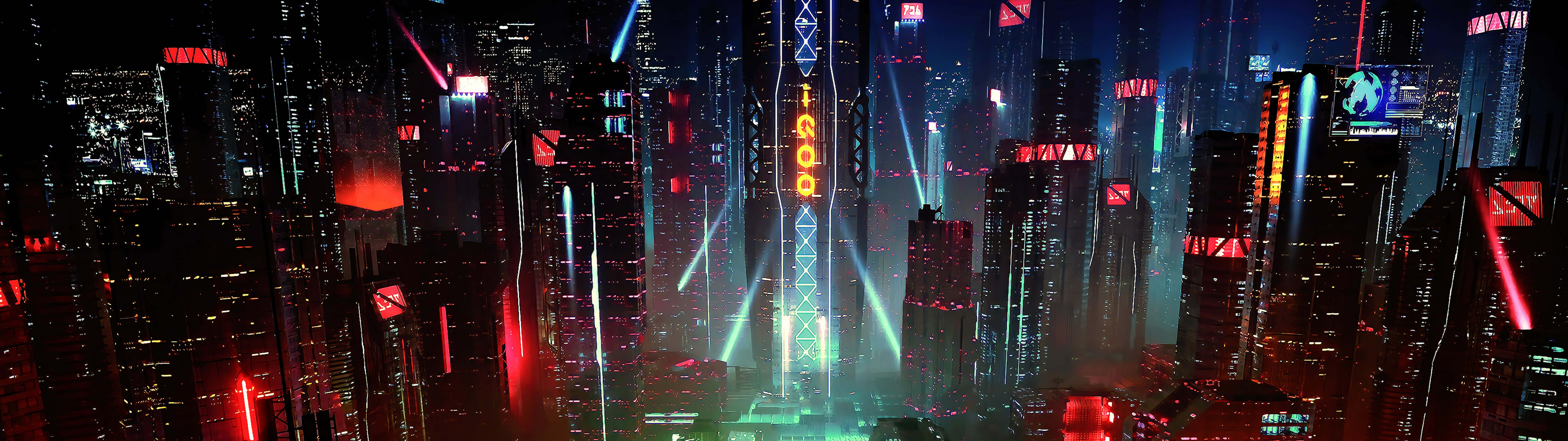 未來都市超高清雙螢幕壁紙 壁紙 — 夜晚被霓虹燈浸透的賽博龐克城市景觀，高聳的摩天大樓散發出紅、綠、藍色調的光芒。