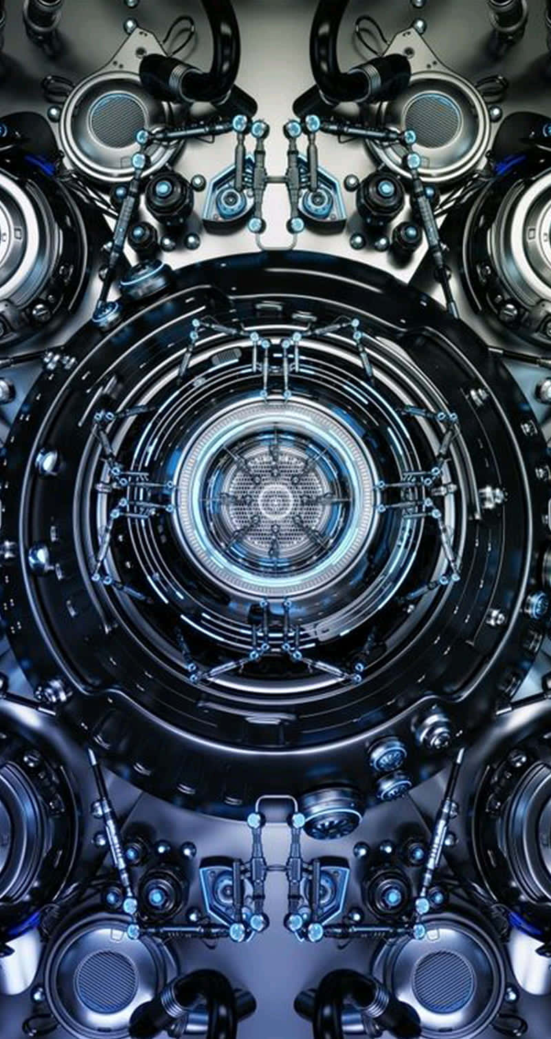 Iron Man Technology 桌布 壁紙 — 未來金屬引擎的對稱特寫，帶有發光藍色燈光和複雜機械細節。