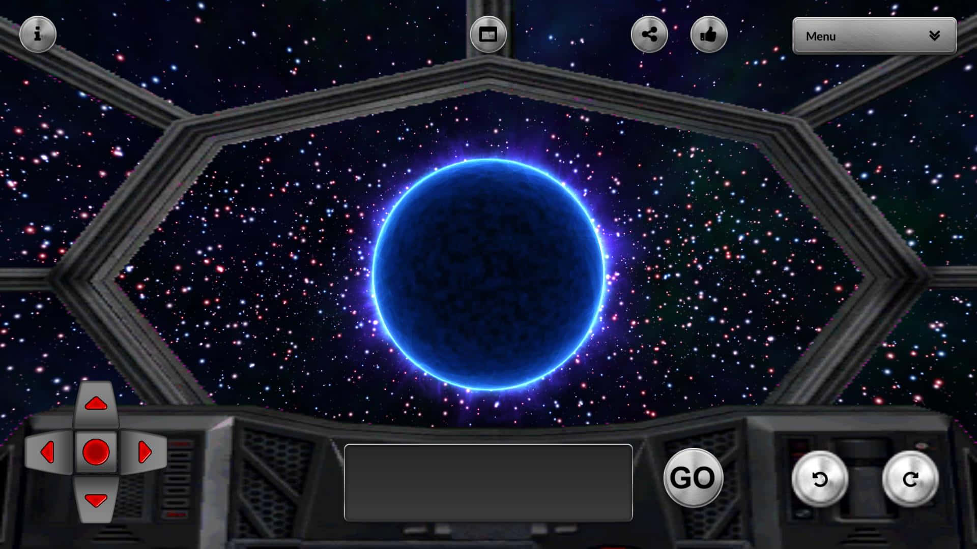 Interstellar Travel 桌布 壁紙 — 未來風格的太空船駕駛艙框住一顆發光的藍色行星，背景是星空，並可見UI控制項。