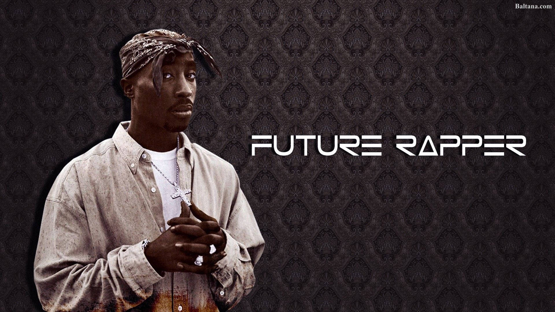 一個戴頭巾和穿鈕扣襯衫的饒舌歌手，在深色牆紙上有 'FUTURE RAPPER' 文字。