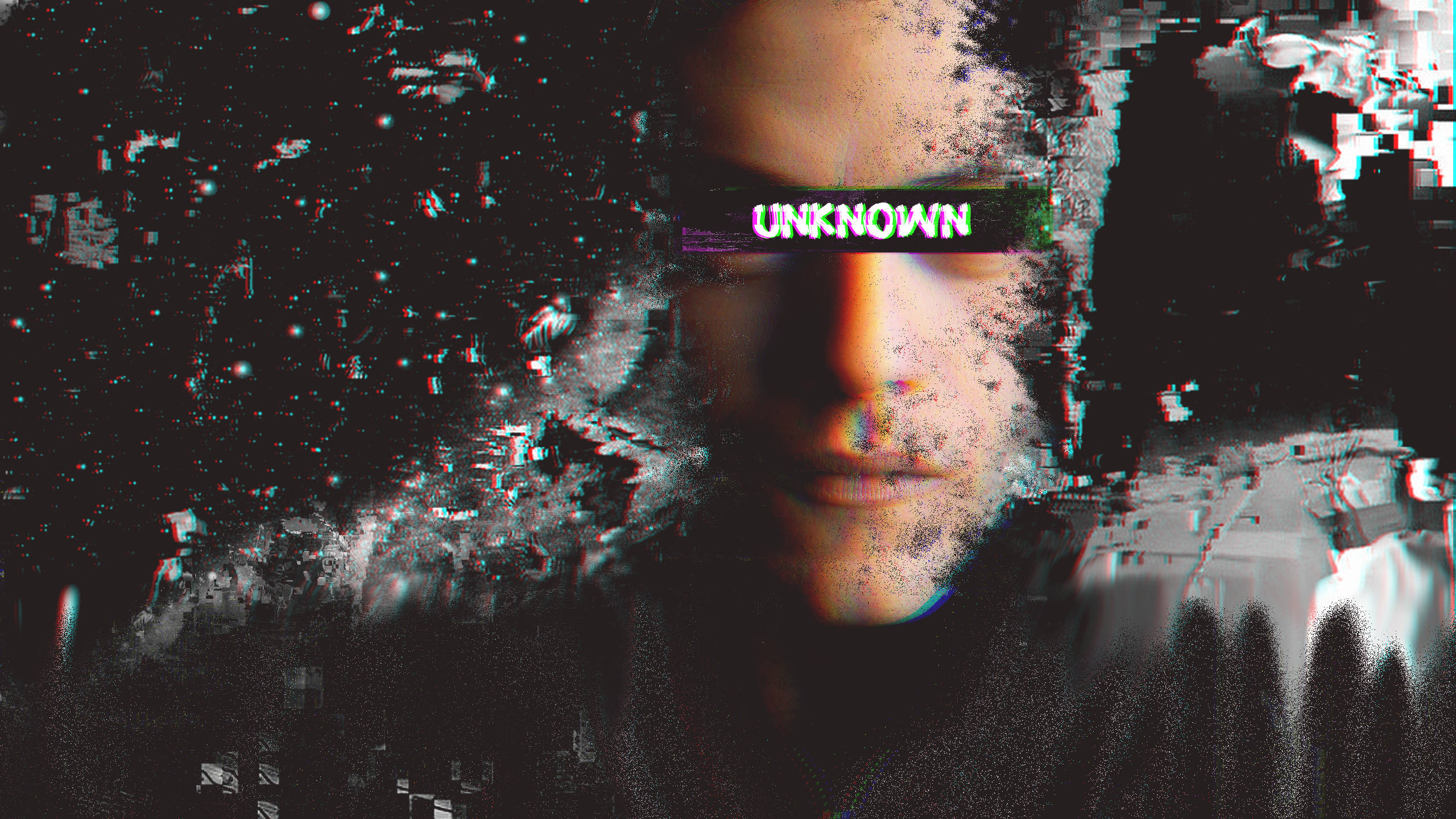 未知《Mr. Robot》藝術 壁紙 — 一張帶有故障效果的臉，眼睛上覆蓋著「UNKNOWN」文字，背景是黑暗的數碼噪點和像素化扭曲。