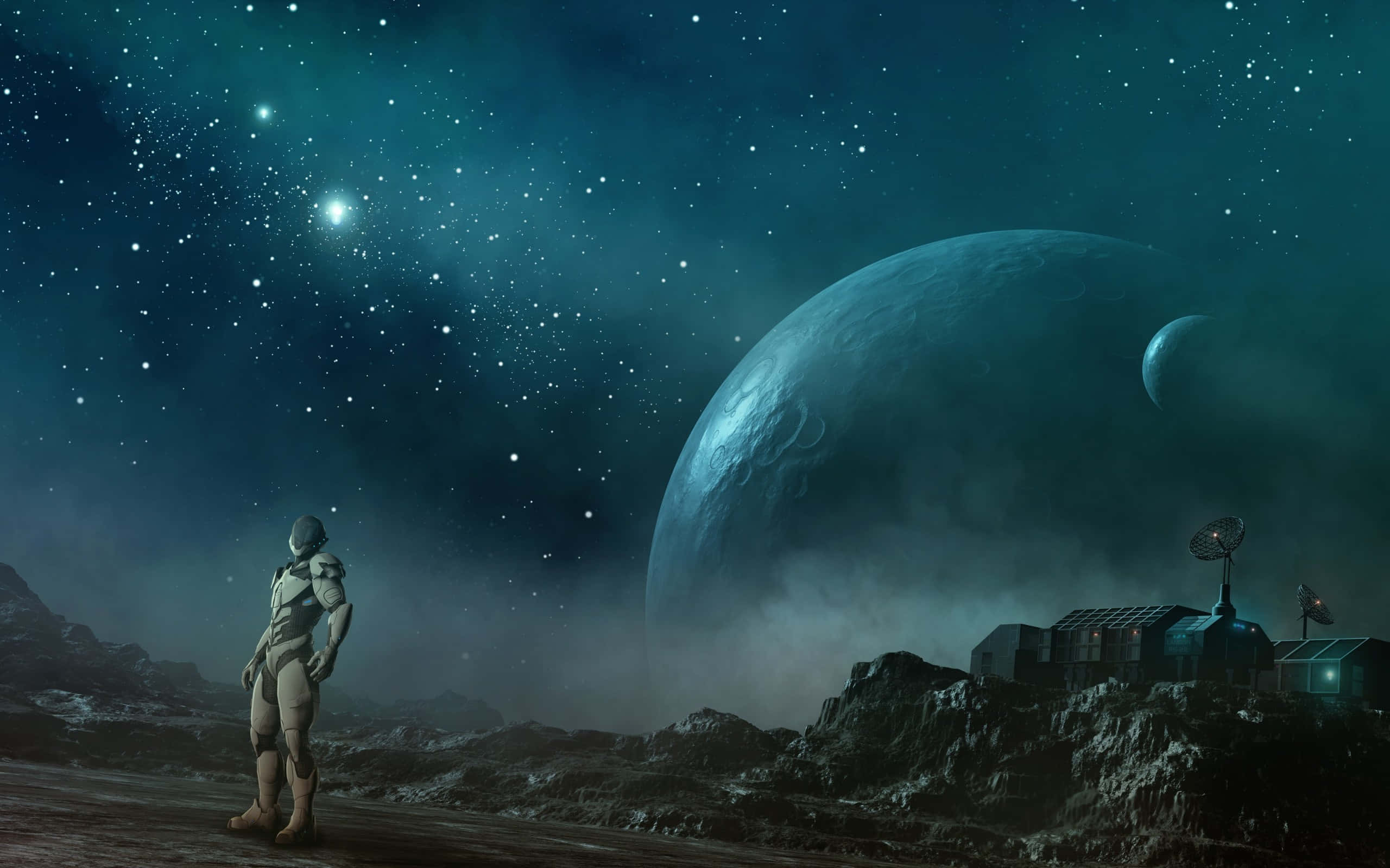 未知未來的一瞥 壁紙 — 一位太空人站在岩石遍佈的外星行星上，凝視著一顆巨大發光的藍色月亮和滿佈星辰的藍綠色天空。