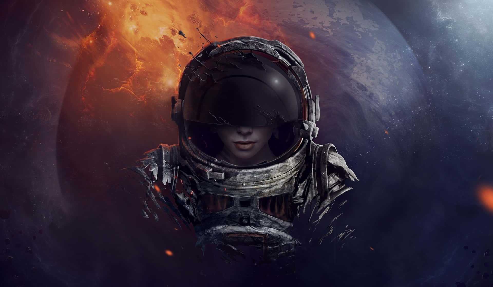身穿破損太空衣的太空人在熾熱行星附近的太空中漂流。