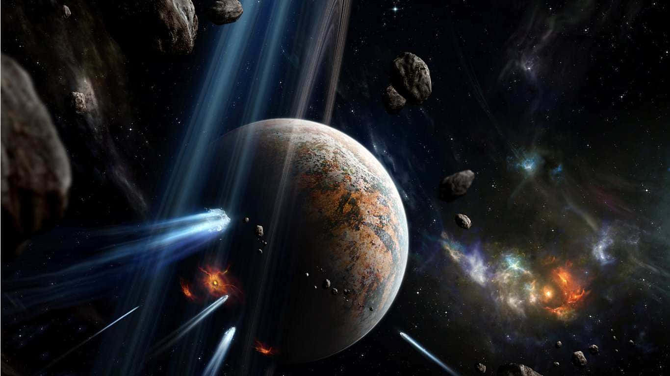 未知行星 1366x768 監視器背景 壁紙 — 一個宇宙場景，展示了一顆崎嶇不平的行星，周圍環繞著小行星和發光的星雲，還有飛馳而過的太空船。