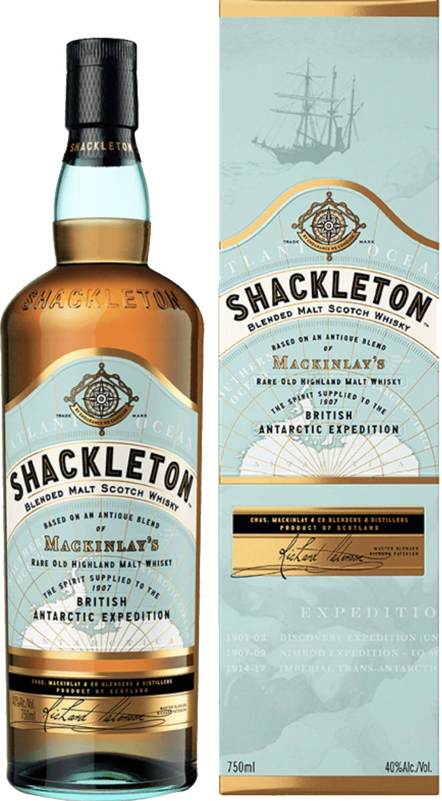 Shackleton威士忌酒瓶和以南極探險為主題的盒子。