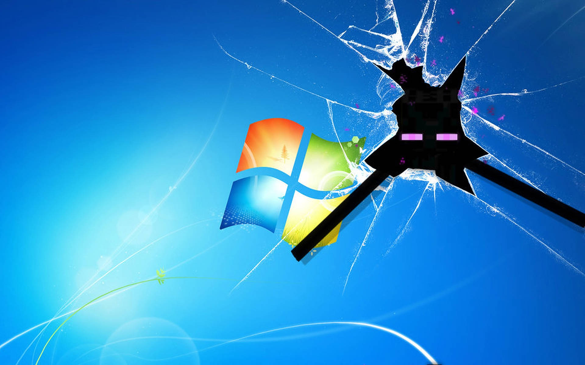 黑色終界使者穿過玻璃在 Windows 標誌上，藍色背景