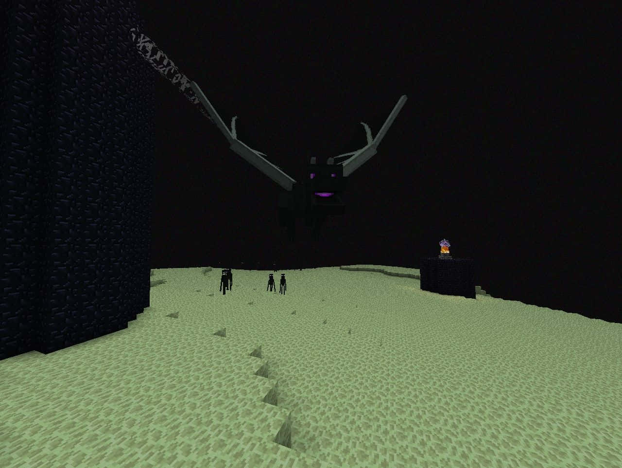 末影龍， Minecraft世界中的經典形象 壁紙 — 一隻帶有紫色眼睛的威脅性終界龍在發光的綠色地獄景觀上空翱翔，而小玩家們站在下方。