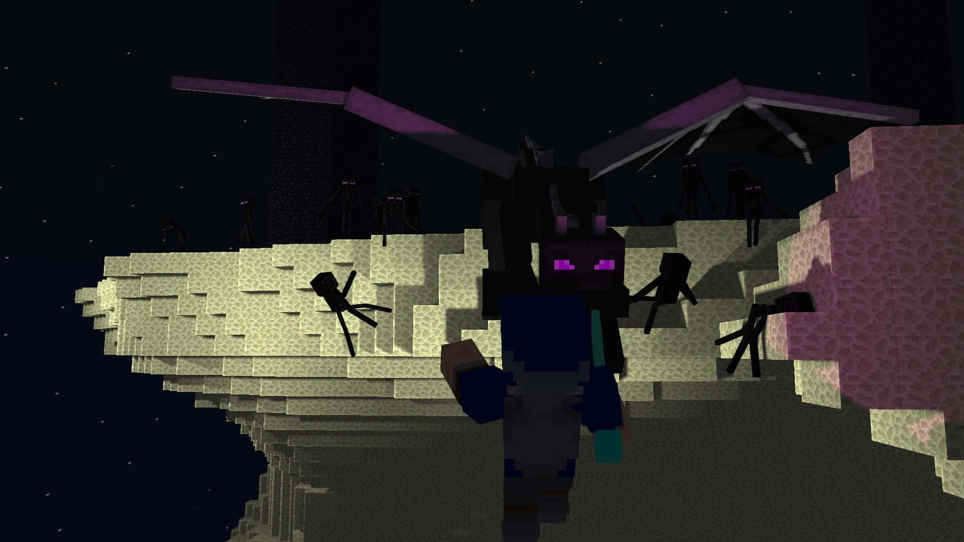 末影龍——《我的世界》中的終極Boss 壁紙 — 一隻像素化的Minecraft終界龍棲息在浮空島上，星空夜幕下，附近有終界使者。