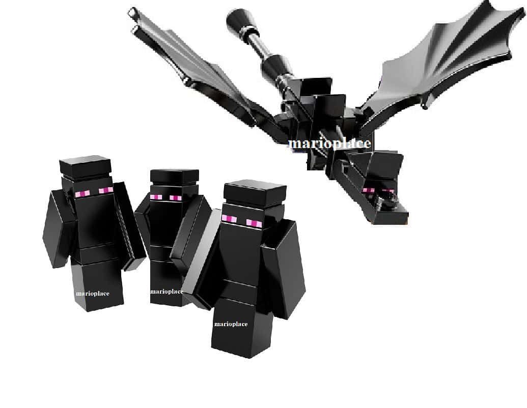 末影龍展開雙翼 壁紙 — 三個黑色Minecraft終界使者及一個紫色眼睛的龍玩具，背景為白色。