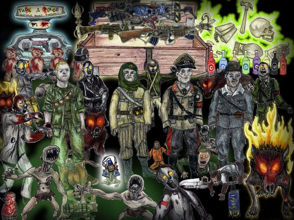 殭屍士兵和怪物聚集在一個裝有武器和瓶子的箱子周圍。