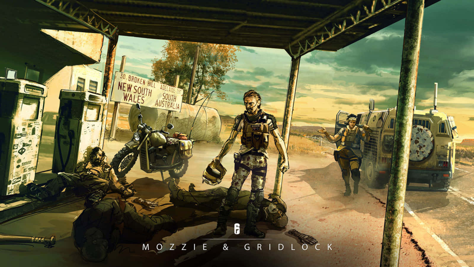 Rainbow Six Siege Mozzie 桌布 壁紙 — 末日後嘅生還者喺風暴天空下嘅塵土飛揚路邊加油站休息，附近有電單車同裝甲車。