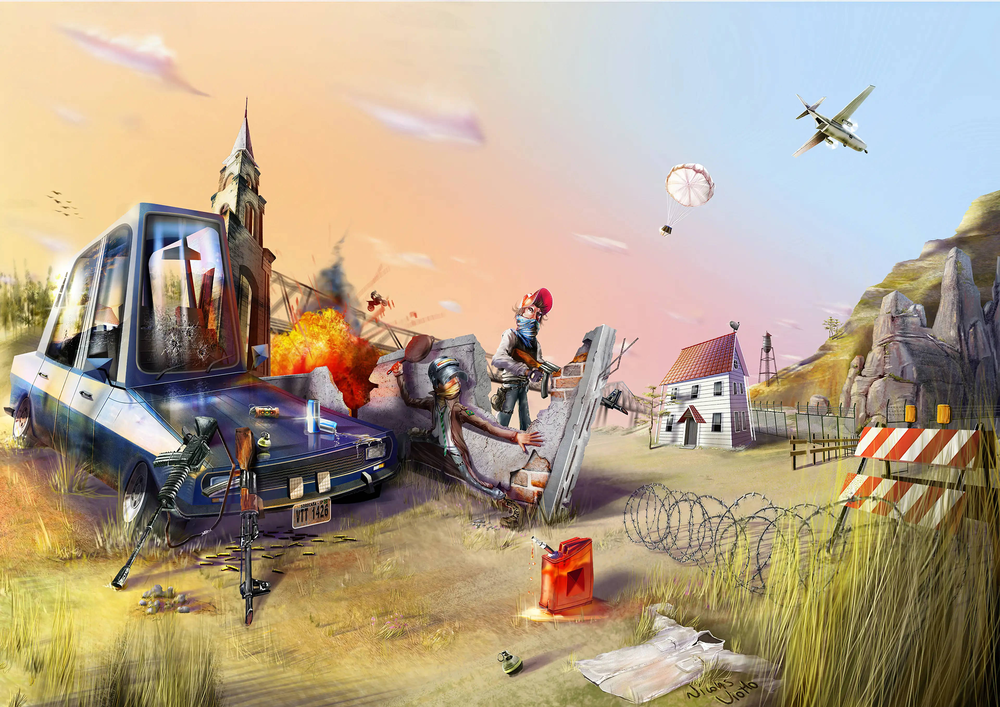Pc Gaming 桌布 壁紙 — 末日後場景，武裝倖存者靠近燃燒的汽車和教堂尖塔，背景是粉紅色的日落天空。