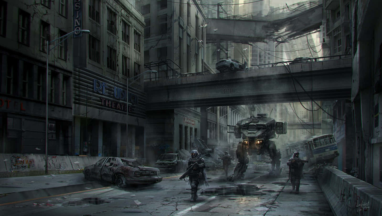 Dark Dystopian 桌布 壁紙 — 末日後的城市街道，士兵在天橋下面對巨型機甲，周圍是毀壞的汽車和腐朽的建築物。