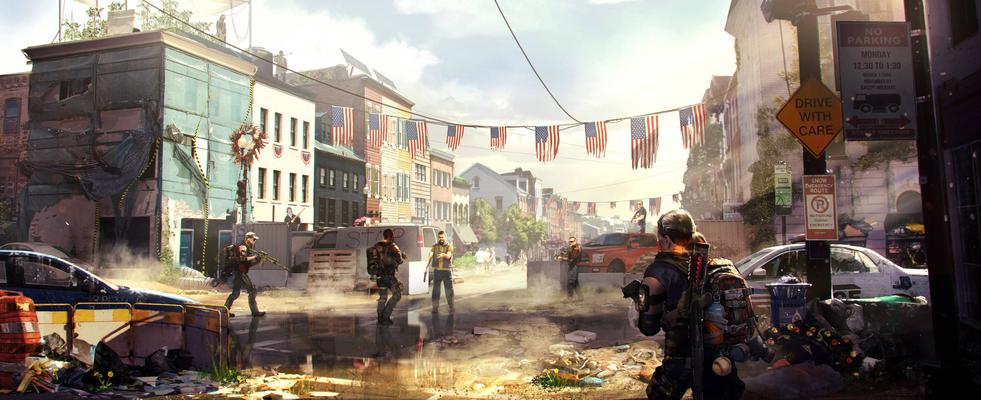 Collect Resources in Washington DC with The Division 2 壁紙 — 末日後街頭戰鬥，武裝倖存者在廢墟建築物和美國國旗之間作戰。