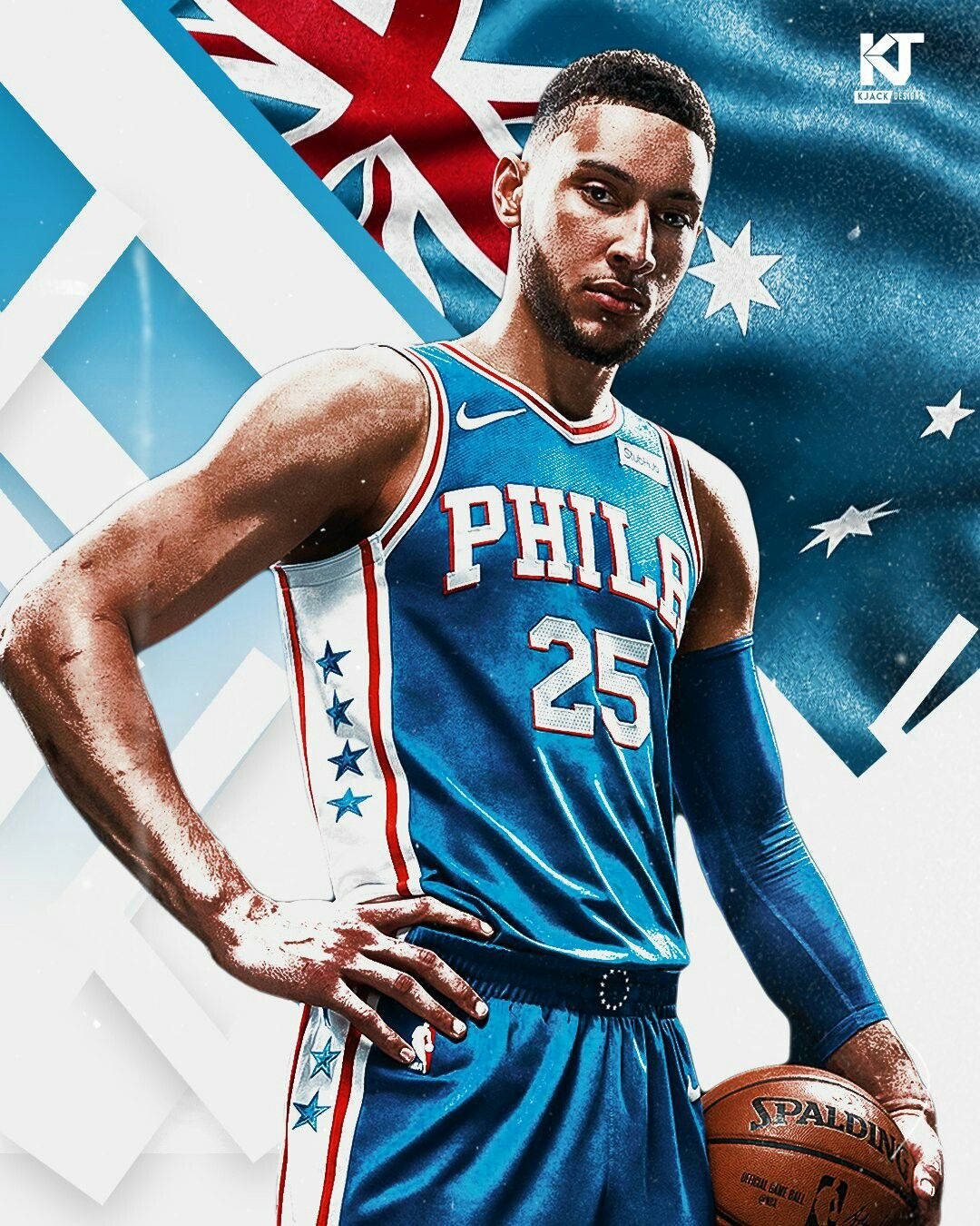 本·西蒙斯NBA球員肖像 壁紙 — 一名身穿藍色費城76人球衣的籃球運動員自信地站立，手持Spalding籃球，背景為風格化的澳洲國旗。