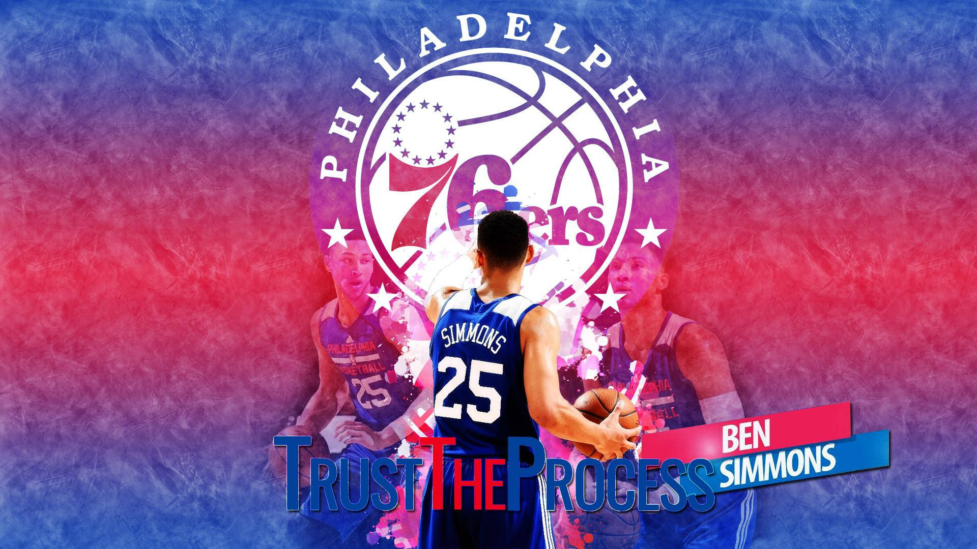 賓·西蒙斯身穿費城76ers球衣，手持帶有「Trust The Process」標語的籃球。