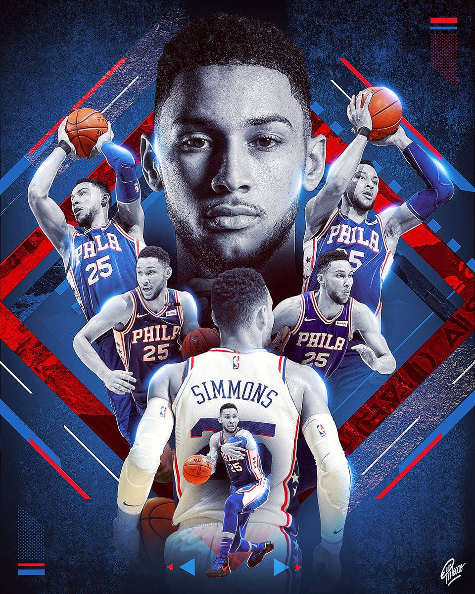本·西蒙斯拼貼畫 壁紙 — 動態拼貼，籃球運動員 Ben Simmons 以多種動作姿勢呈現在大膽的藍色和紅色幾何背景上。