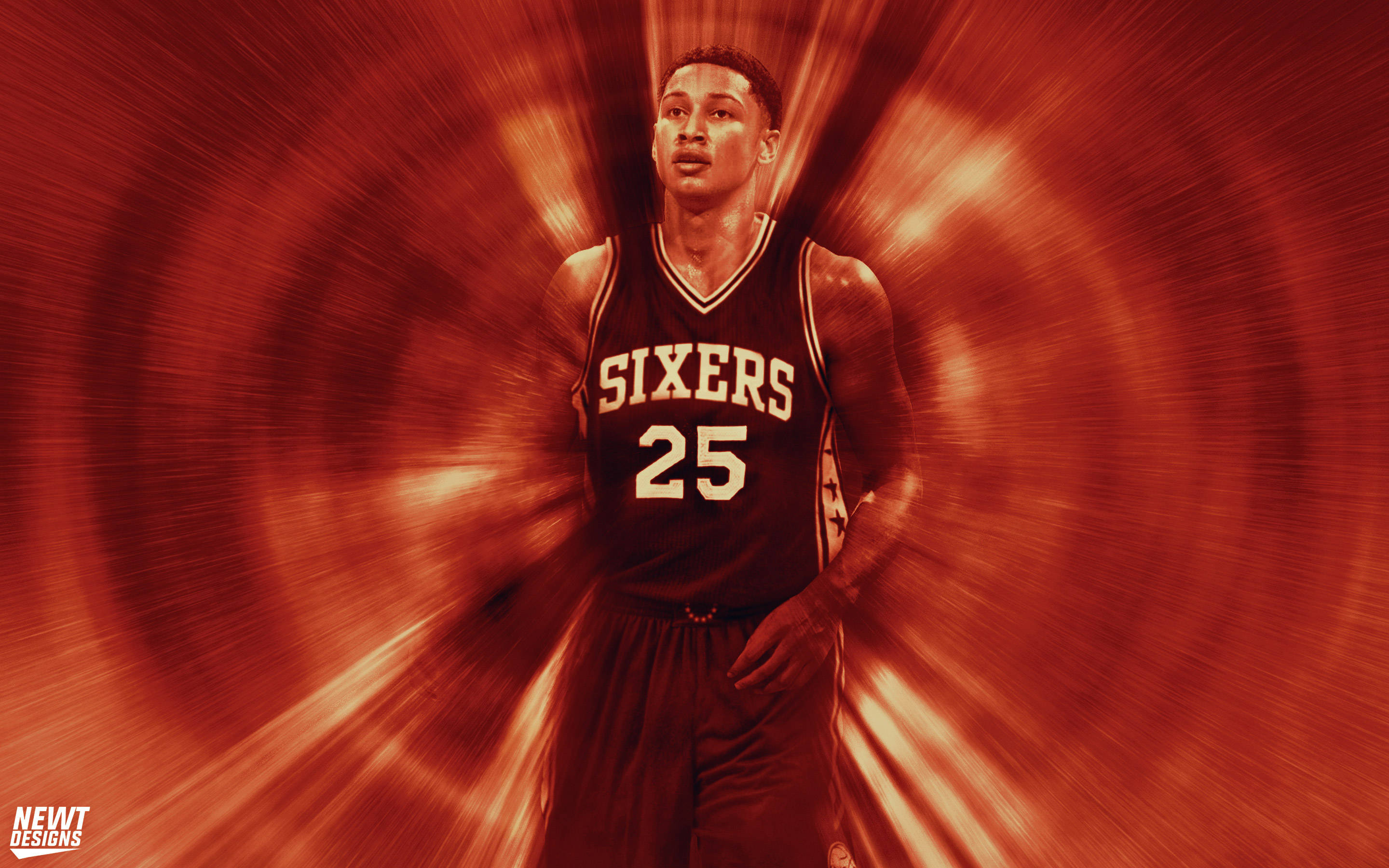 本·西蒙斯紅光藝術照 壁紙 — 一名身穿 Sixers 球衣的籃球運動員站在旋轉的紅色光隧道中央。