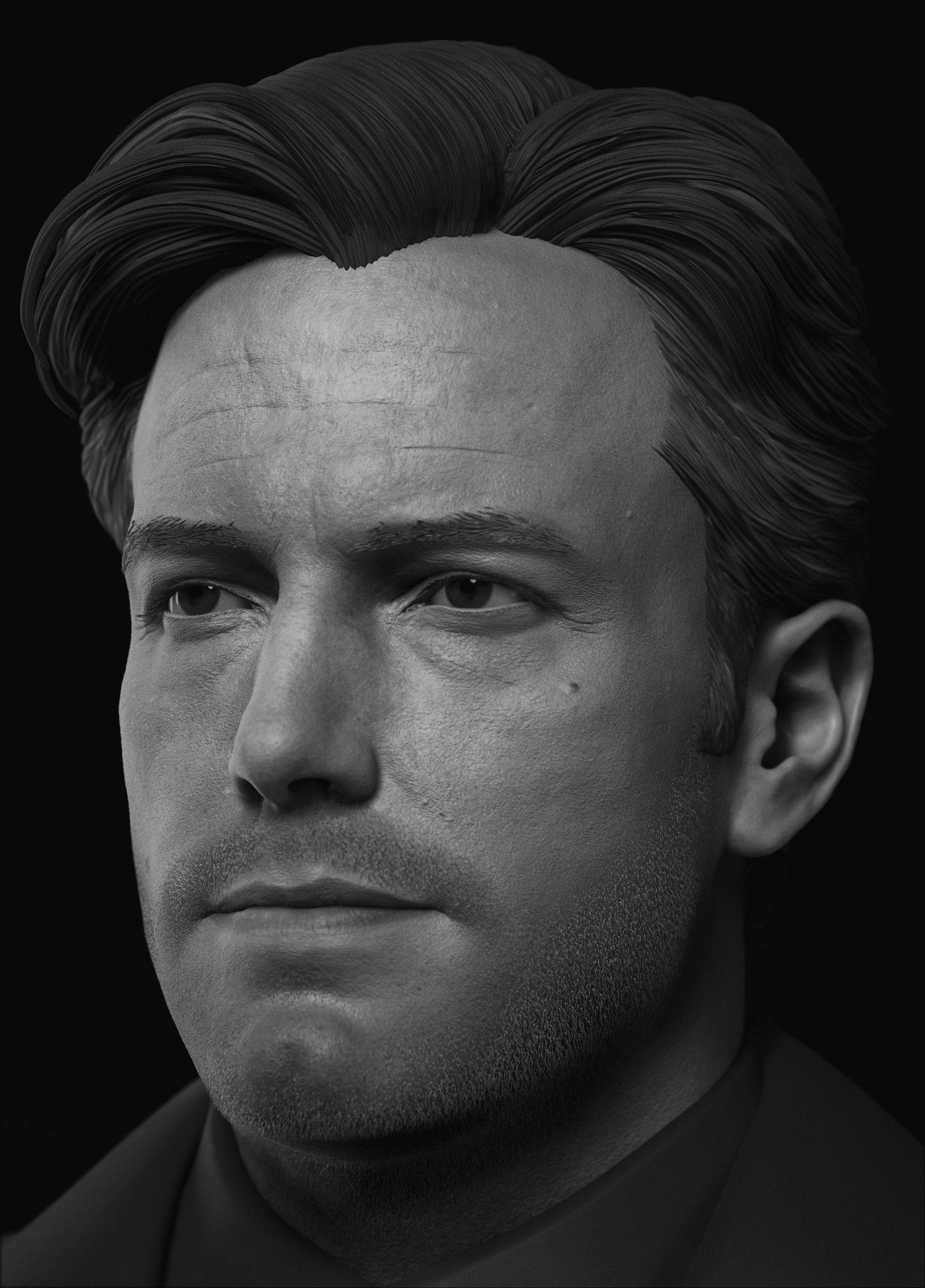 本·阿弗萊克數位藝術 壁紙 — 一個戲劇性的黑白3D渲染肖像，描繪一位擁有時尚髮型和強烈眼神的男子，背景為深色。