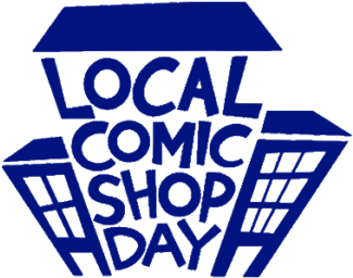 本地漫畫店日標誌 壁紙 — 為 Local Comic Shop Day 設計的醒目藍色圖形標誌，形狀像漫畫書店，帶有風格化的窗戶和文字。