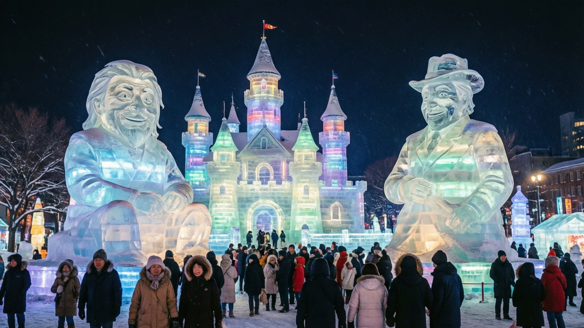 人們在飄雪中欣賞冬季節日中的巨型發光冰雕和城堡。
