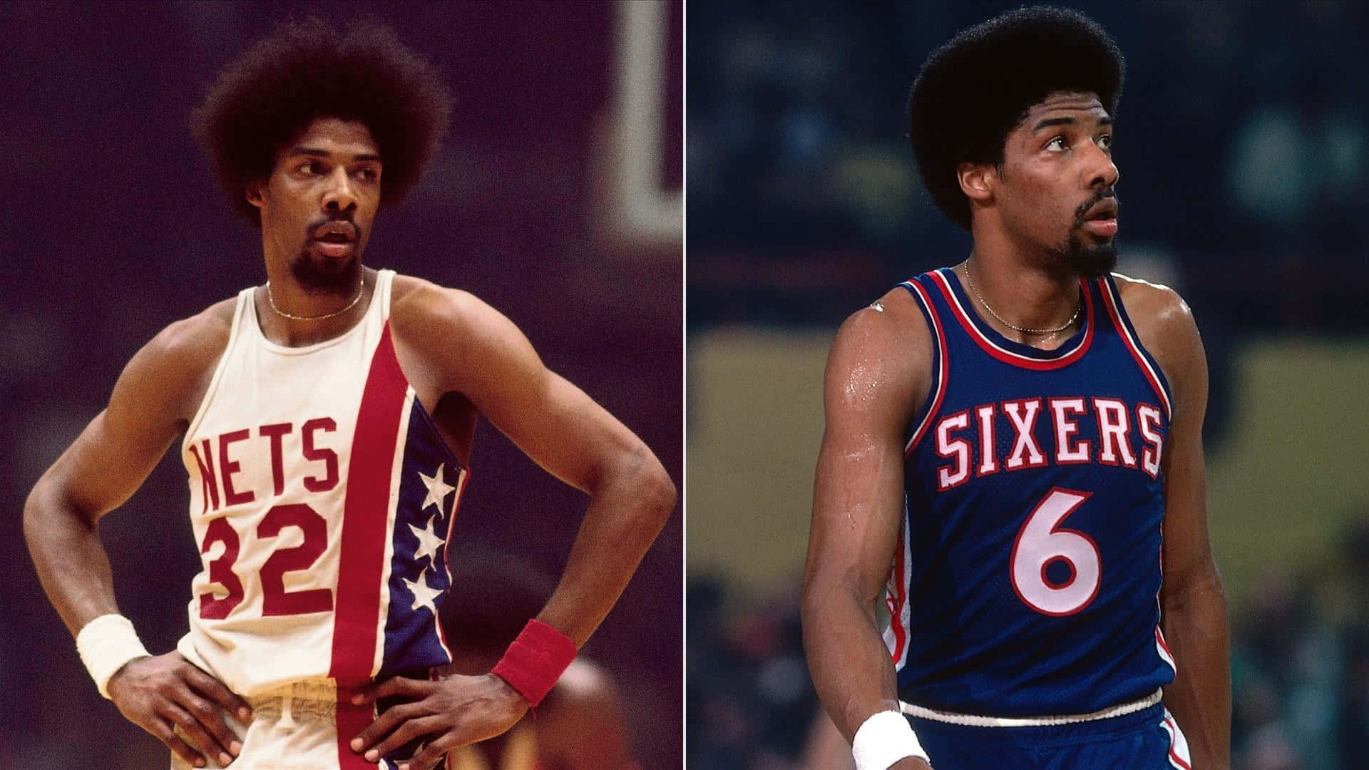 朱利葉斯·歐文歷年球衣照 壁紙 — 兩位標誌性NBA球員穿著復古球衣在籃球比賽中自信地擺姿勢，一位身穿網隊球衣，另一位身穿七六人隊球衣。